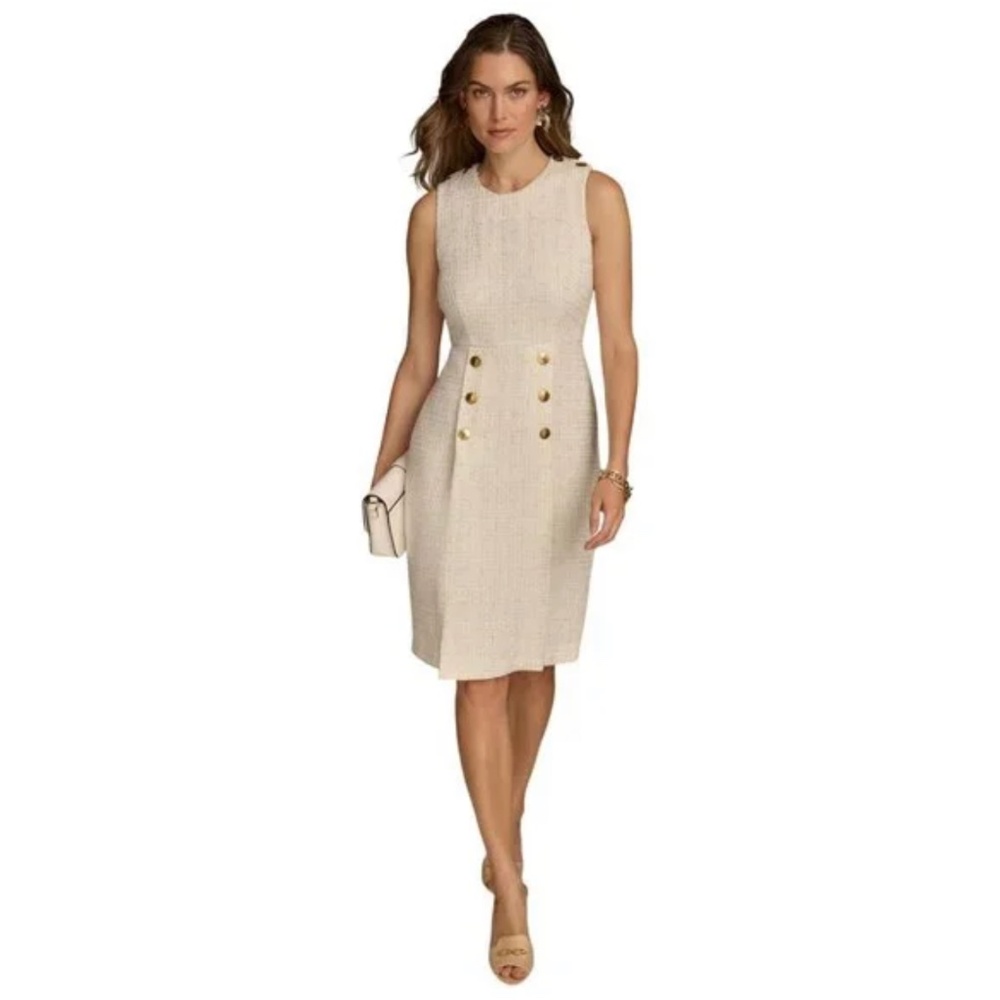 Donna Karan White and Gold Sleeveless Tweed Sheath Mini Dress Size 2 - Picture 2 of 13